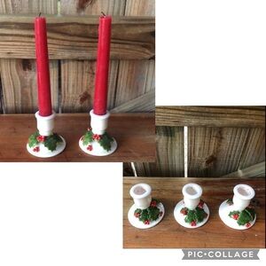3 Vintage Hallmark Candle Porcelain Holiday Holley Berries Candle Stick Holders